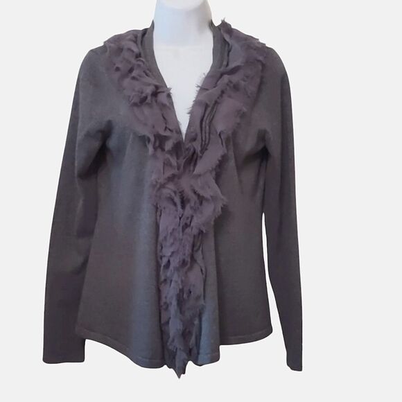 Cardigan Grey Heather Sweater Ruffle Stretchy Size S - Picture 1 of 10